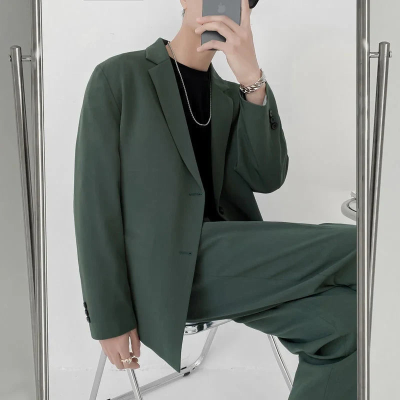 Men's Suit Two Pieces Set Simple Light Mature Loose Long Sleeve Suit Coat + Suit Pants Green High Quality New