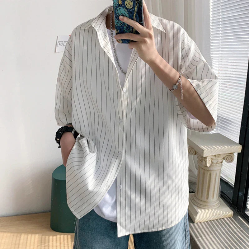 saferido Ruffian handsome black collared shirt men's summer casual loose Vertical Stripe shirt Short Sleeve Korean fashion handsome coat