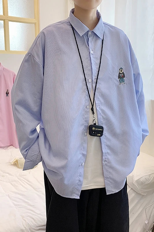 saferido Spring Fashion: Korean bear embroidered versatile striped long sleeve shirt couple shirts