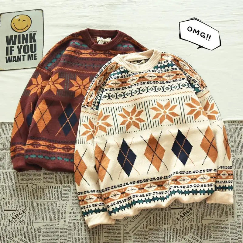 saferido Pullovers Vintage Retro Christmas Sweater Couple Men's Knitted Sweater Winter Warm Casual Korean Streetwear Harajuku