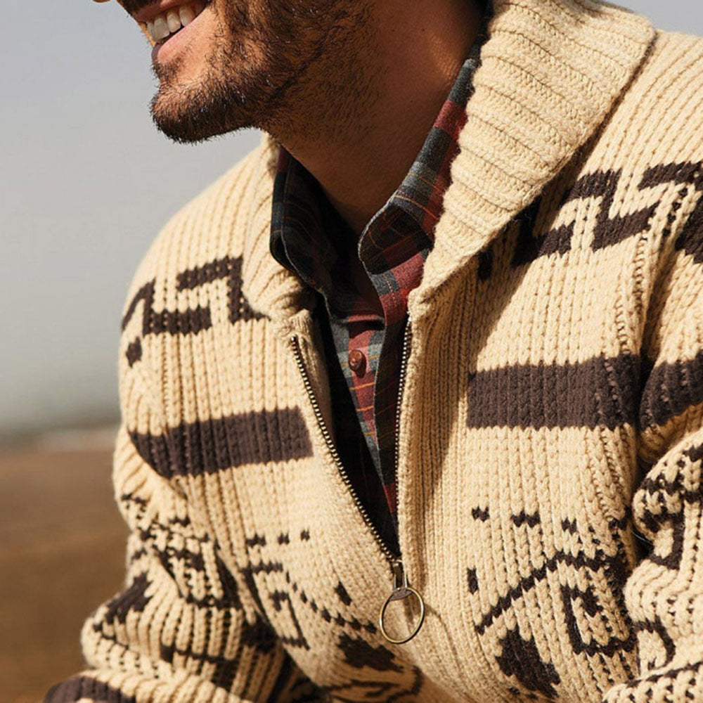 Men's Lapel Cardigan Printed Decor European And American Hand Knitting Wool Soft Stretchy Coat Loose Various Size Male Sweater
