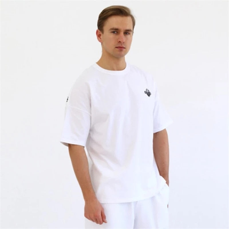 loose Plain Clothing fitness T shirt men O-neck t-shirt cotton bodybuilding tee shirts tops gyms tshirt Homme