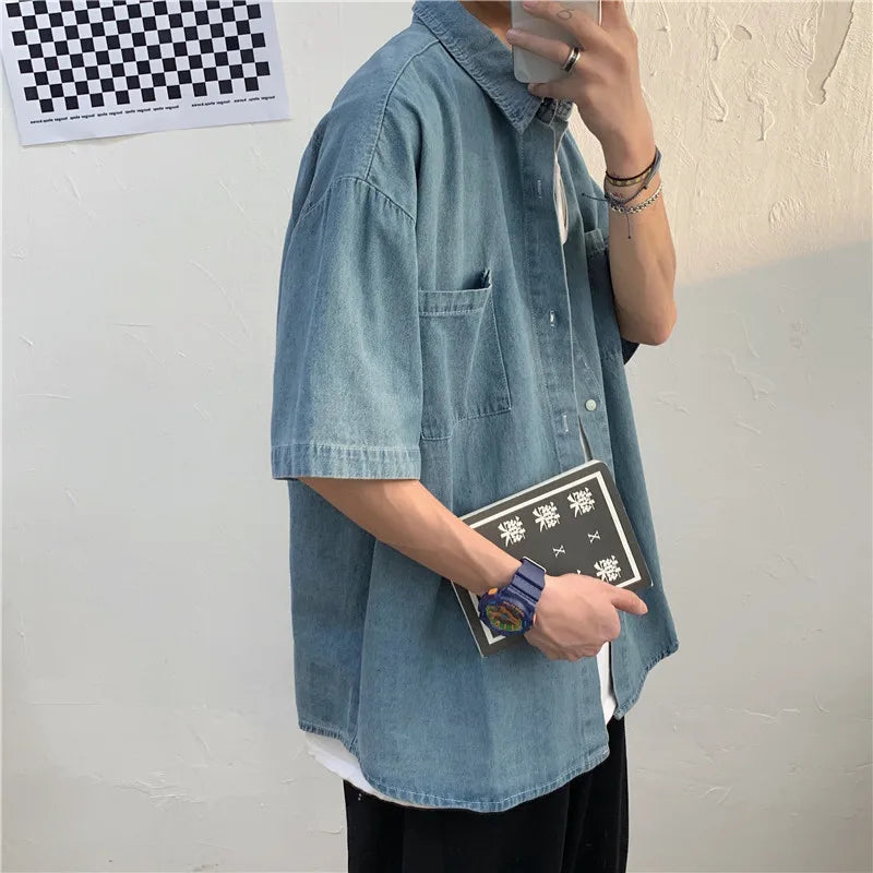 saferido Denim Shirts Male Harajuku Denim Shirt For Men Korean Oversized Casual Streetwear Short Half Sleeve Vintage Fashion