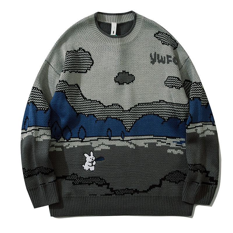 saferido Harajuku vintage rabbit ugly sweater streetwear pullover men super cute anime knitwear sweating video hip hop grandpa sweater