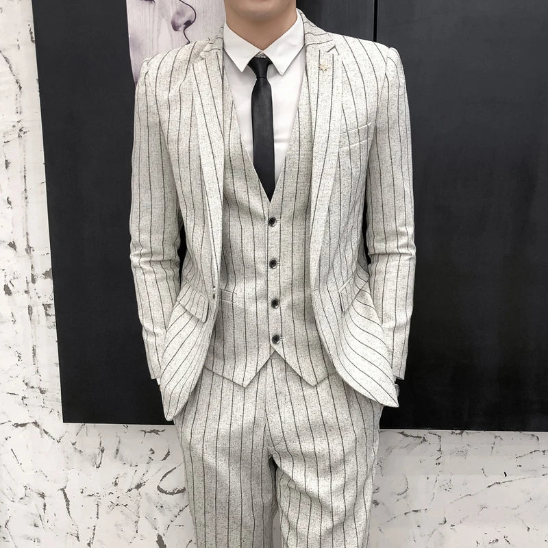 saferido Striped men's suit 3-Pieces Blazers+Pant Fashion Korean Slim Fit Casual men's tuxedo wedding men suits groom suit men's business