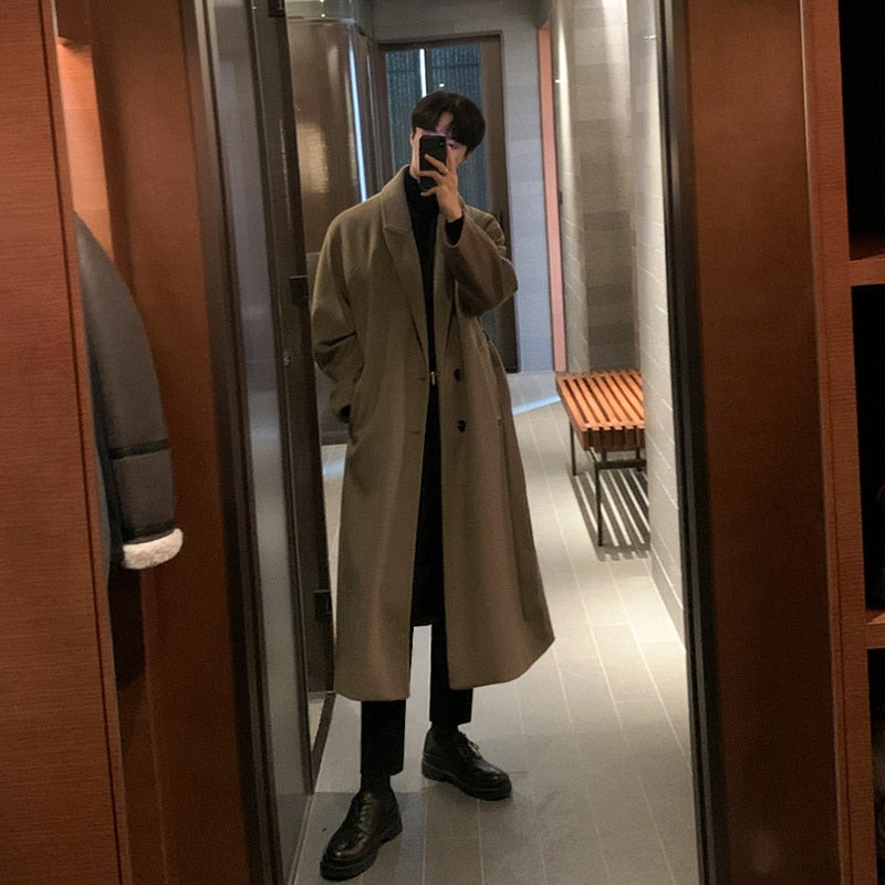 Korean Trend Men's Loose Casual Single-breasted Overcoat Autumn Winter Fashion New Long Sleeve Woolen Long Coat