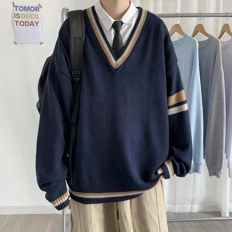 saferido Spring Autumn DK Uniform Sweater Men's Preppy Style V-neck Pullover Thick Navy Blue Cotton Winter Fashion Men Warm Clothes Coat