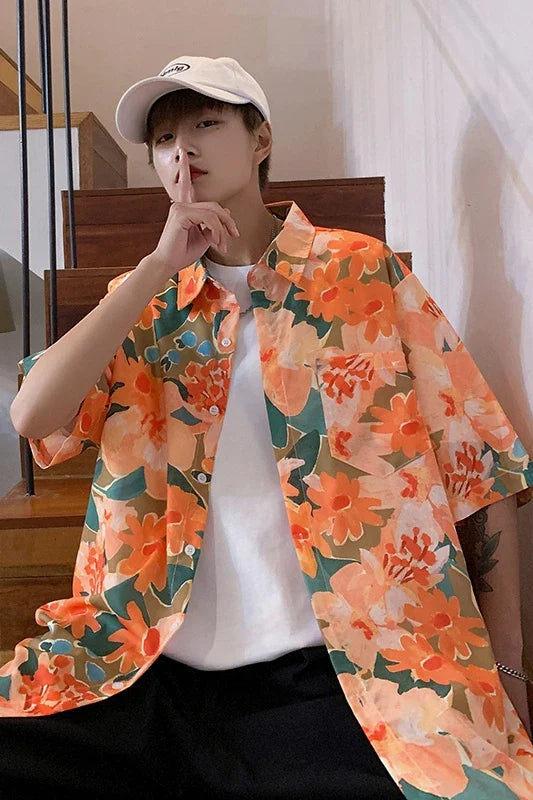 saferido shirt men's couple's Hawaiian Flower short sleeve coat fashion Korean summer quarter sleeve harajuku shirts for men