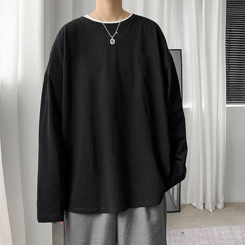 saferido Spring Multicolor Cotton T-shirt Men Fashion Solid Color Casual O-neck T Shirt Men Korean Loose Long-sleeved T-shirt Mens Tops