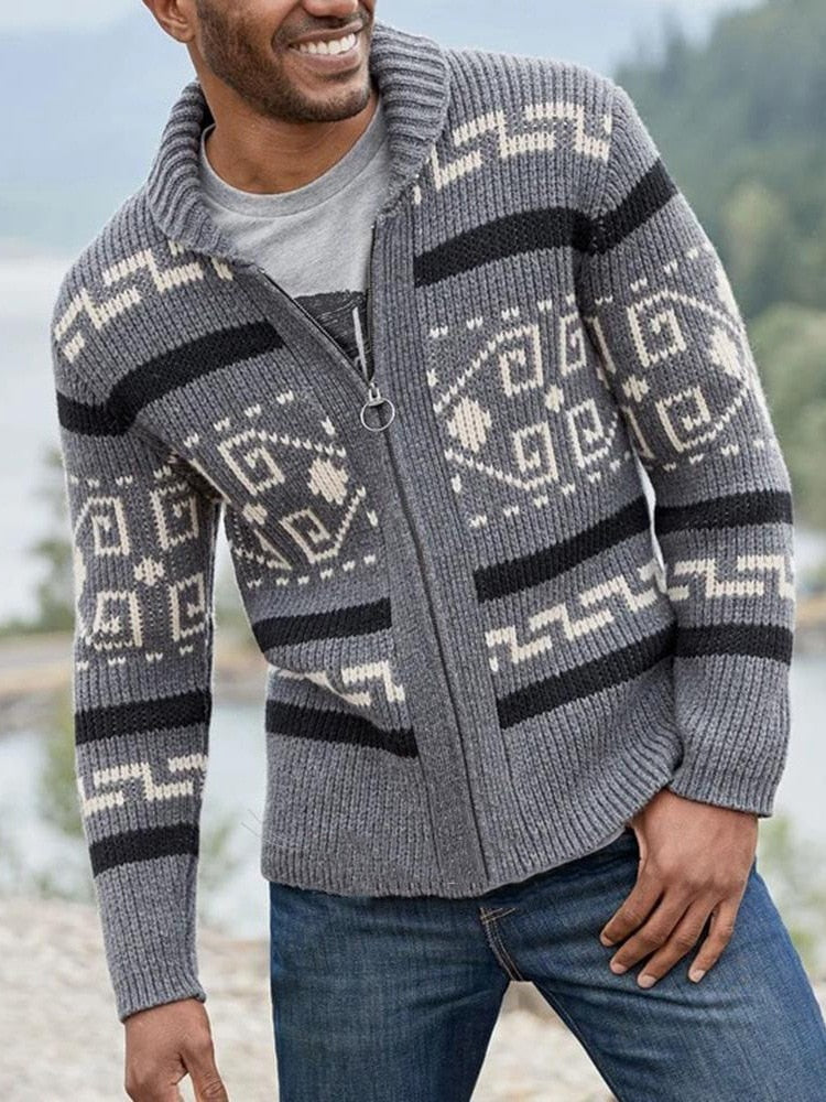 Men's Lapel Cardigan Printed Decor European And American Hand Knitting Wool Soft Stretchy Coat Loose Various Size Male Sweater