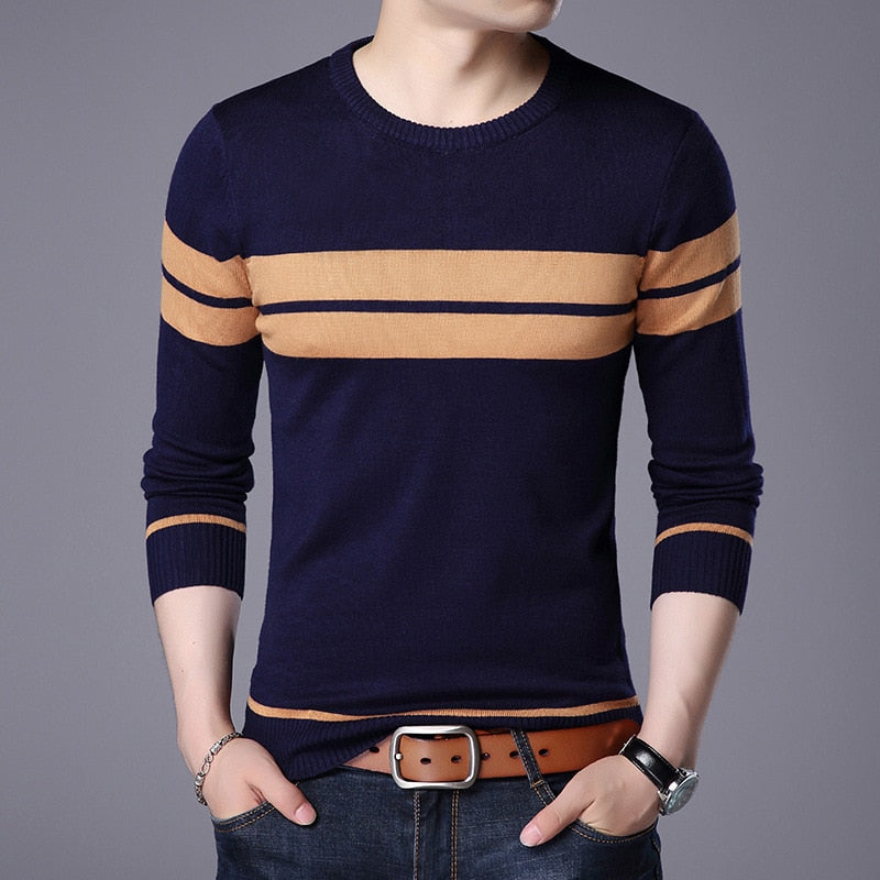 Autumn Men's Knitted Sweater T Shirt Comfy O Neck Long Sleeve Pullover Stripe Patchwork Jumper Casual Bottoming Shirt for Winter