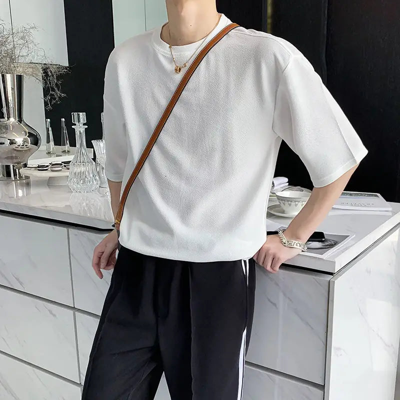 saferido Summer Men's Fashion Short Sleeve Tshirt British Style Solid Color T Shirts Round Neck Slim Fit T-shirt Clothes Tops M-XL