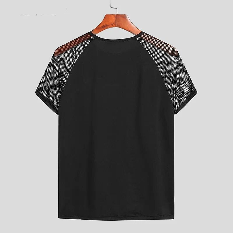 Fashion Men T Shirt Mesh Patchwork Streetwear Crew Neck Short Sleeve Casual Tee Tops Sexy Breathable Camisetas 5XL