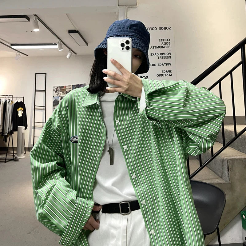 saferido Korean style casual Hawaiian shirt on long sleeve striped fashion streetwear shirts hombre shirt db60sh men's clothes