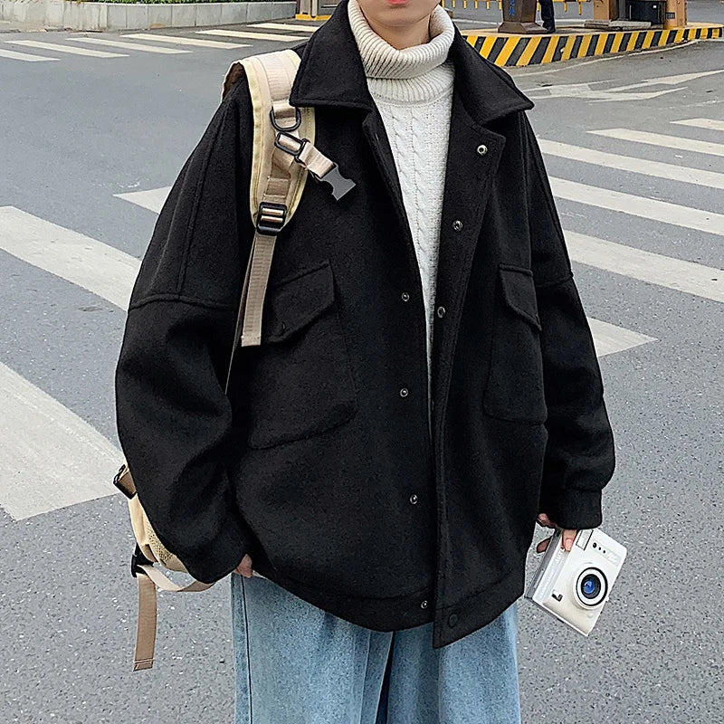 saferido Winter Thickened Short Woolen Coat Men Warm Fashion Oversized Woolen Coat Men Korean Loose Woolen Jacket Mens Overcoat M-3XL
