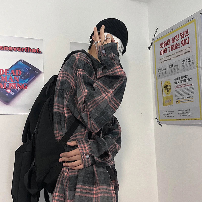 saferido Spring Cotton Plaid Shirt Men Fashion Retro Casual Shirt Mens Japanese Streetwear Wild Loose Long Sleeve Shirts Men M-XL
