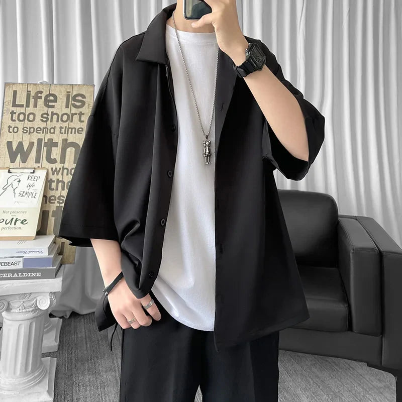 saferido Solid Color Oversized Men's Shirts Harajuku Men Casual Half Sleeve Shirt Tops Cool Summer Streetwear Man Blouse 6 Colors