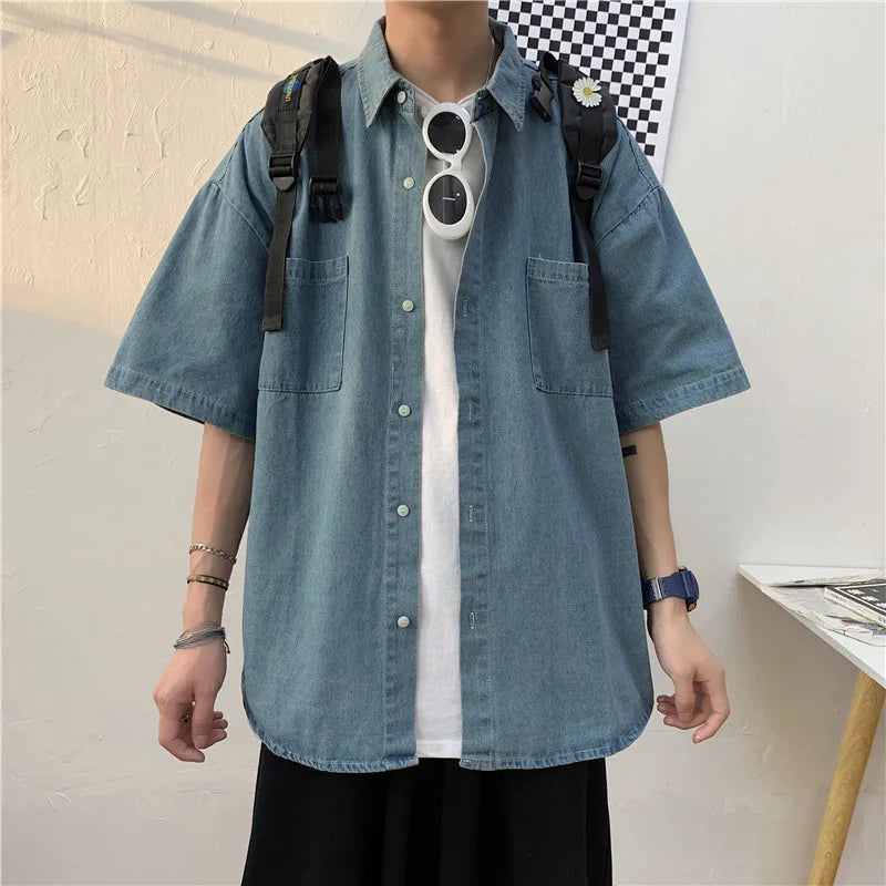 saferido Denim Shirts Male Harajuku Denim Shirt For Men Korean Oversized Casual Streetwear Short Half Sleeve Vintage Fashion