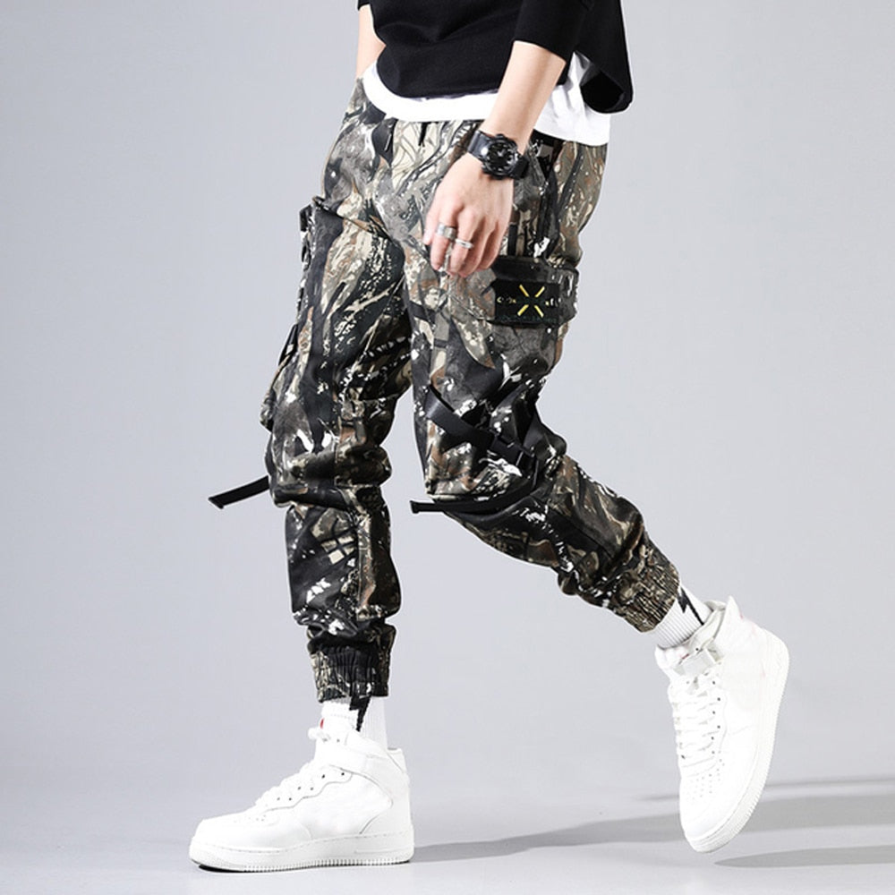 Men's Side Pockets Cargo Harem Pants Ribbons Black Hip Hop Casual Male Joggers Trousers Fashion Casual Streetwear Pants 5XL