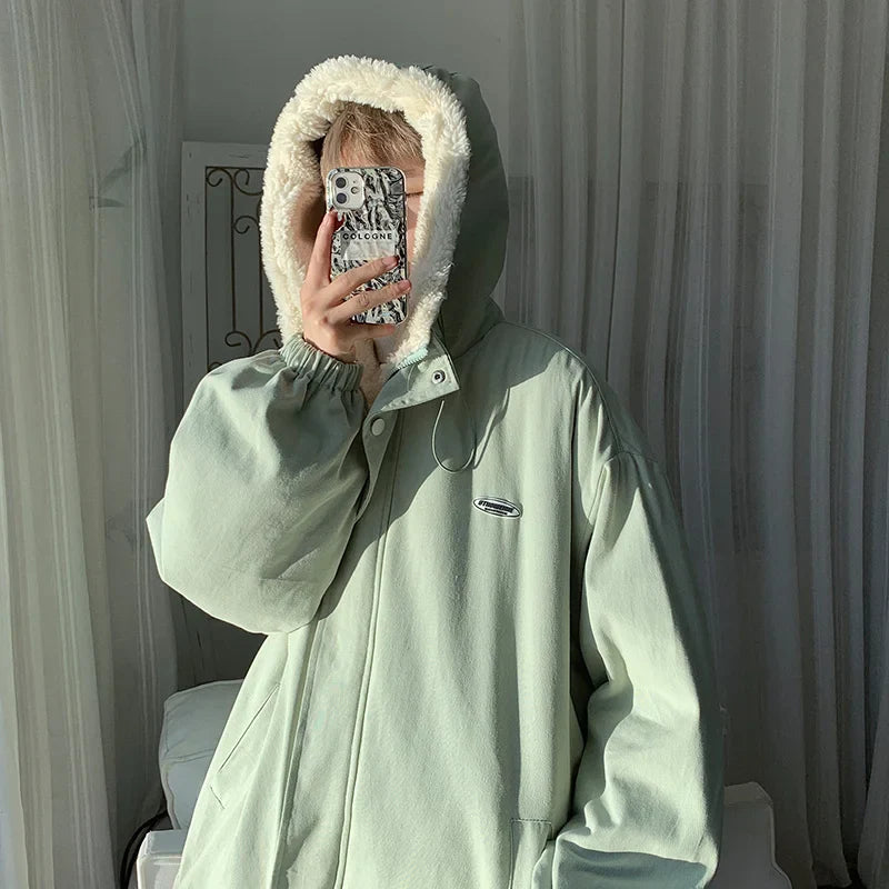 saferido Winter Thick Lamb Fur Jacket Men Warm Fashion Hooded Coat Men Korean Loose Oversized Short Coat Mens Cotton Outwear Jackets