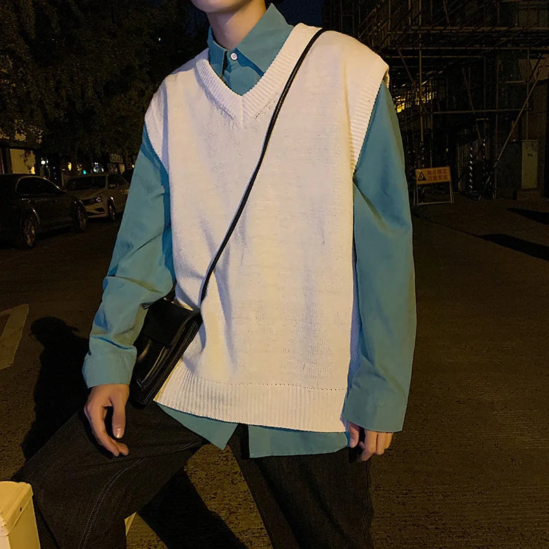 saferido Sweater Vest Men Loose Simple Solid Color Knitted V-neck Students All-match Basic Tops Harajuku Sleeveless Jumpers Korean Trendy