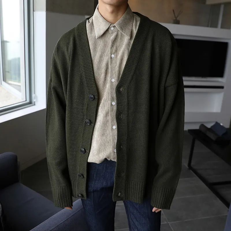 Men's Wear Knitted Sweater Loose V-neck Single-breasted Solid Color Knitted Cardigan Coat Autumn New