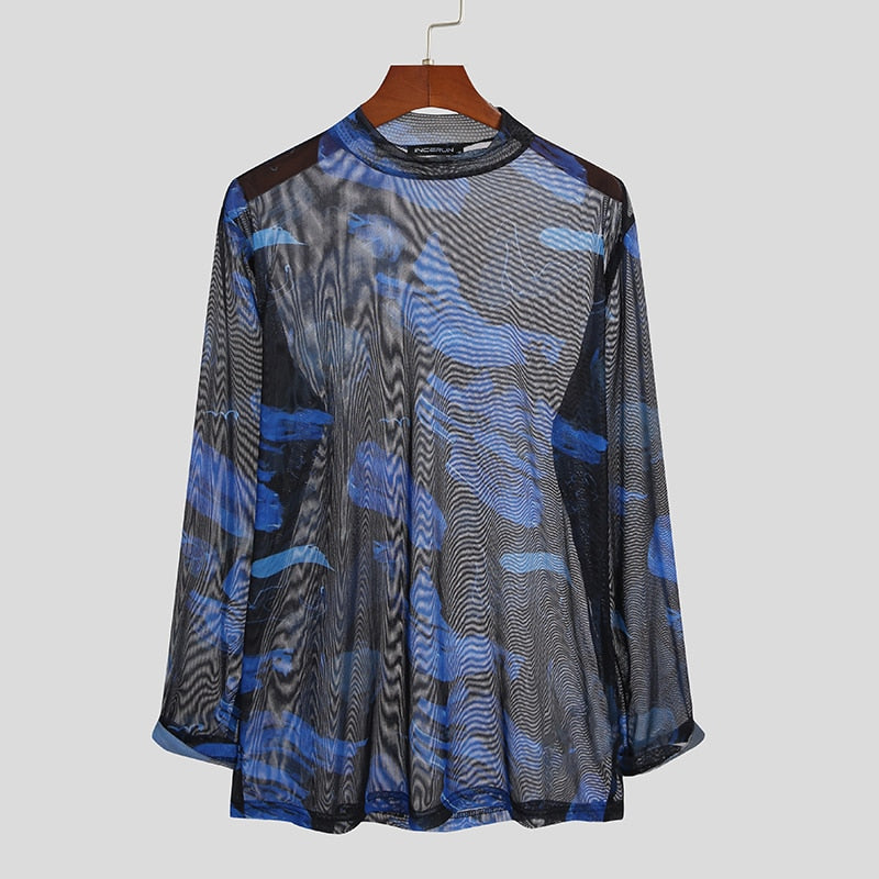 Men T Shirt Turtleneck Mesh Transparent Printed Sexy Long Sleeve Fitness Party Camisetas Streetwear Undershirt