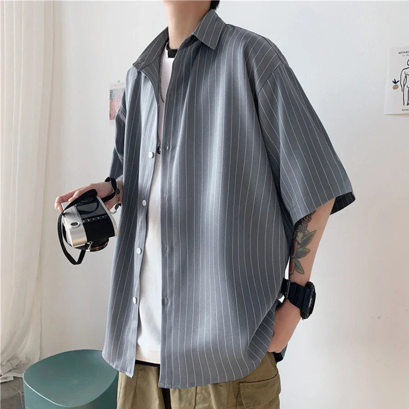 saferido Ruffian handsome black collared shirt men's summer casual loose Vertical Stripe shirt Short Sleeve Korean fashion handsome coat