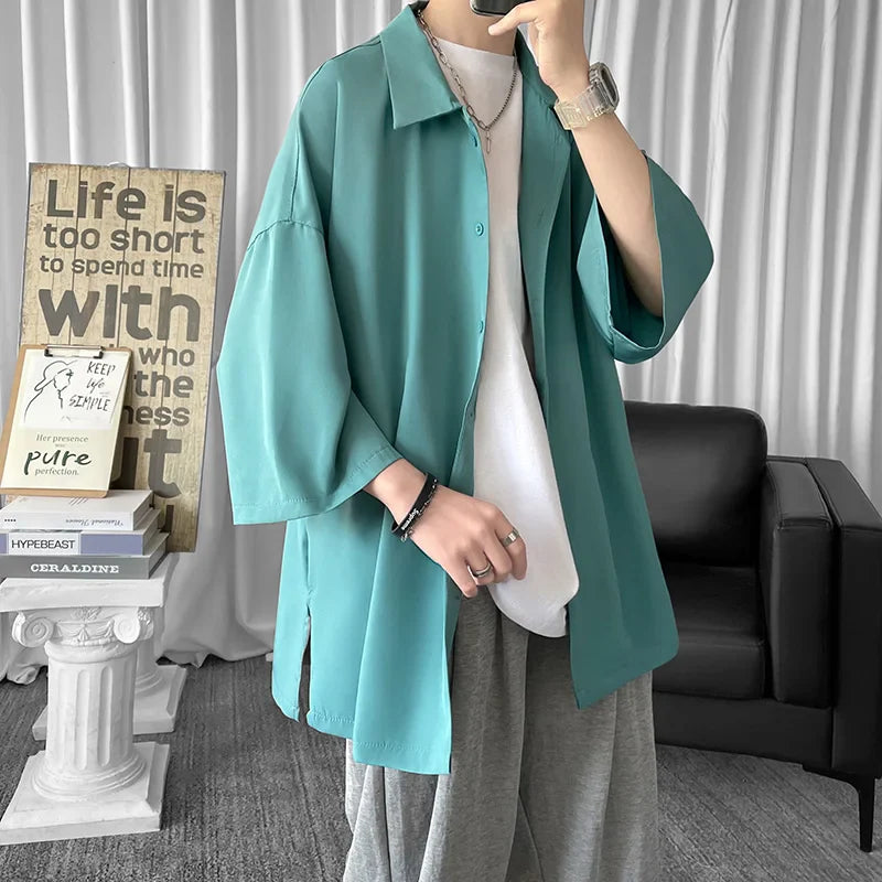 saferido Solid Color Oversized Men's Shirts Harajuku Men Casual Half Sleeve Shirt Tops Cool Summer Streetwear Man Blouse 6 Colors