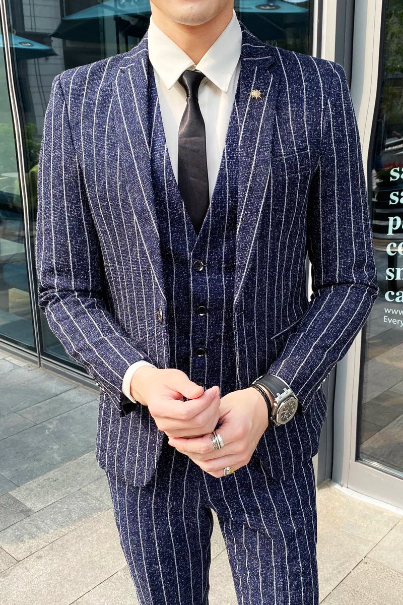 saferido Striped men's suit 3-Pieces Blazers+Pant Fashion Korean Slim Fit Casual men's tuxedo wedding men suits groom suit men's business