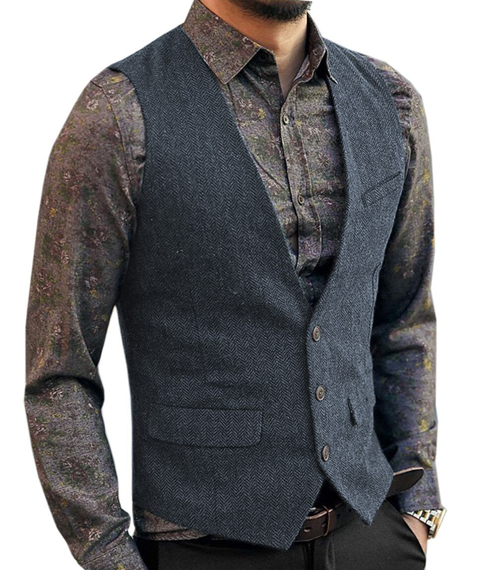 saferido Men's Vest Suit Boutique Wool Tweed Slim Fit Leisure Cotton Male Gentleman Beckham Business Waistcoat For Wedding Groomsmen