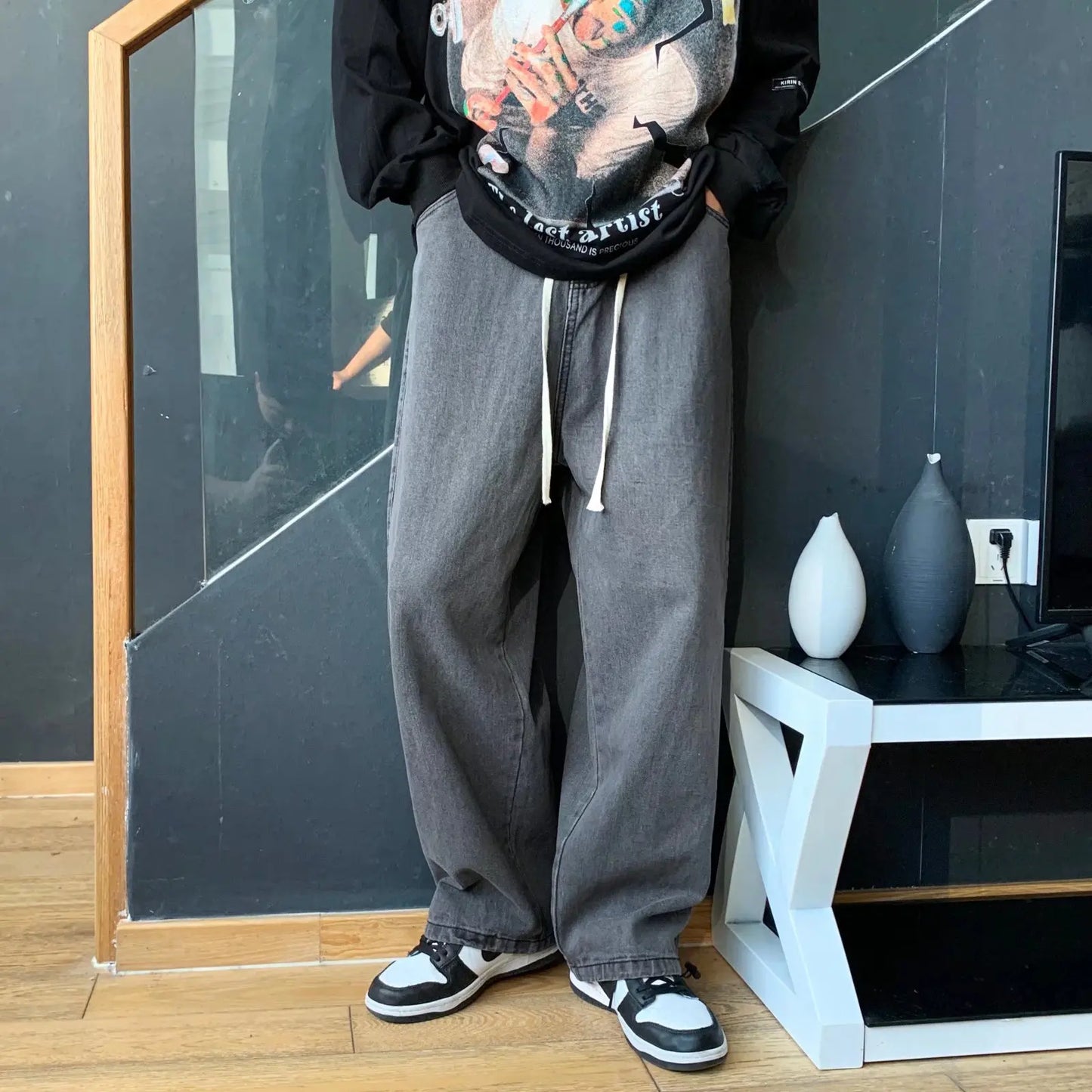 saferido Mens Streetwear Baggy Jeans Men Y2K Oversized Wide Leg Punk Denim Pants Korean Fashion Trousers Blue Jeans For Men Cargo Pants