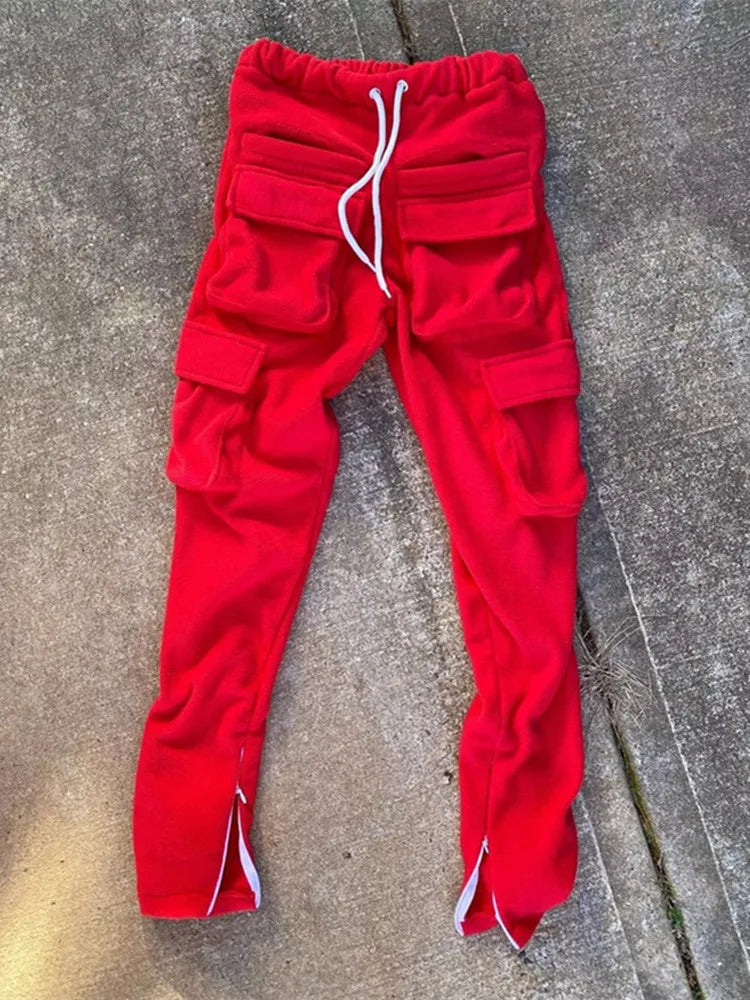 Men Oversized Cargo Pants Streetwear Long Step Pants Solid color wool three-dimensional Pockets Slim Panelled Warm trousers male