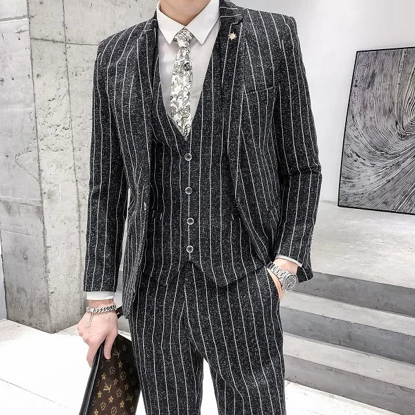saferido Striped men's suit 3-Pieces Blazers+Pant Fashion Korean Slim Fit Casual men's tuxedo wedding men suits groom suit men's business