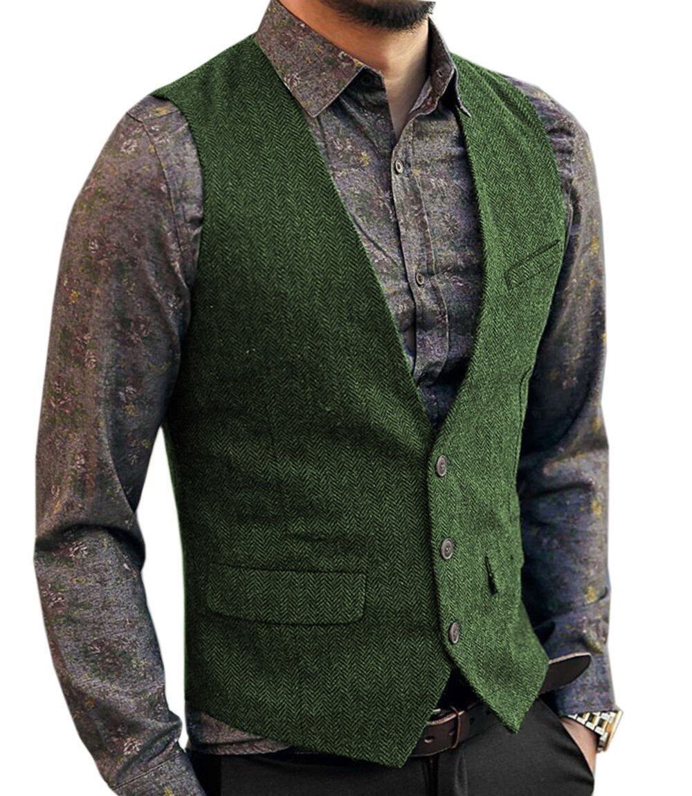 saferido Men's Vest Suit Boutique Wool Tweed Slim Fit Leisure Cotton Male Gentleman Beckham Business Waistcoat For Wedding Groomsmen