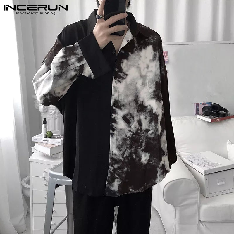 Men Casual Shirt Spring Print Patchwork Lapel Long Sleeve Streetwear Tops Korean Loose Fashion Shirts Camisas 5XL INCERUN