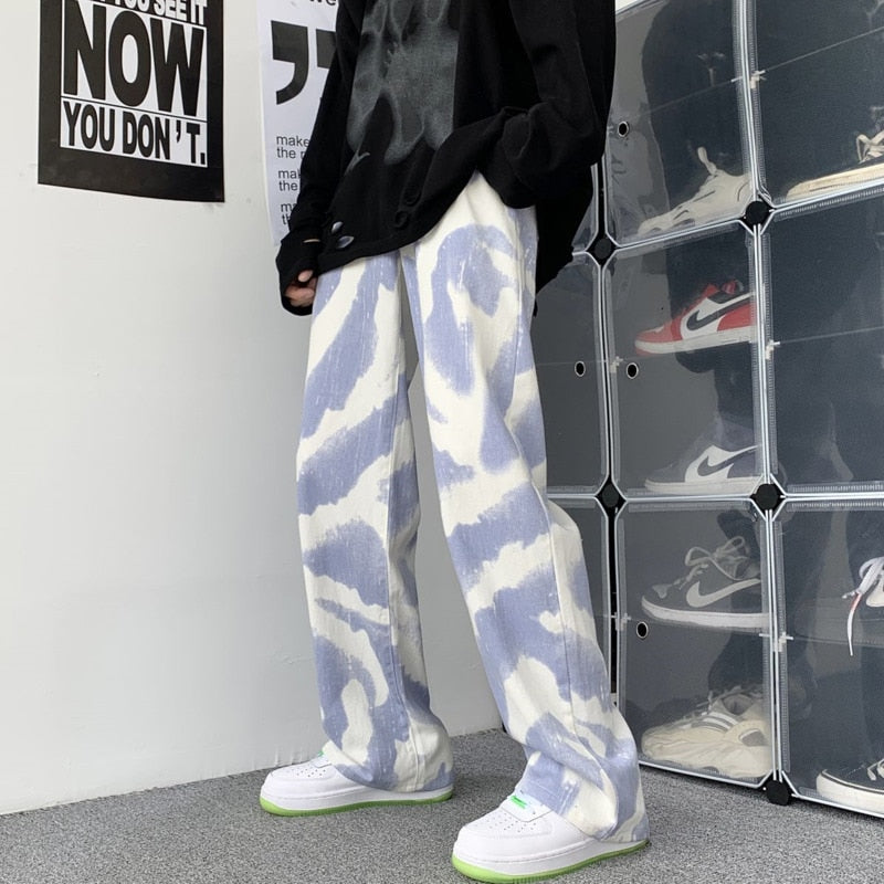 Blue Black Tie-dye Jeans Men Fashion Print Casual Baggy Jeans Mens Streetwear Loose Hip-hop Straight Denim Trousers Men M-2XL