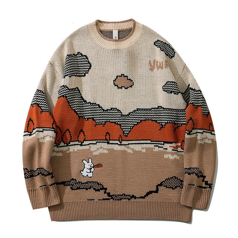 saferido Harajuku vintage rabbit ugly sweater streetwear pullover men super cute anime knitwear sweating video hip hop grandpa sweater