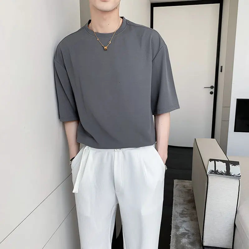 saferido Summer Men's Fashion Short Sleeve Tshirt British Style Solid Color T Shirts Round Neck Slim Fit T-shirt Clothes Tops M-XL