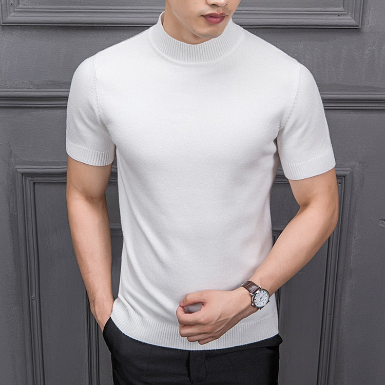 Brand New Autumn Men's Sweater Pure Color Semi-high Collar Knitting for Male Half-sleeved Sweaters Tops