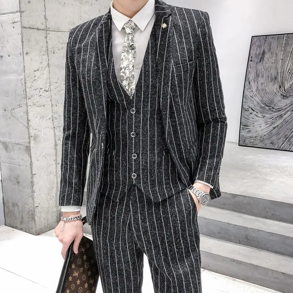 saferido Striped men's suit 3-Pieces Blazers+Pant Fashion Korean Slim Fit Casual men's tuxedo wedding men suits groom suit men's business