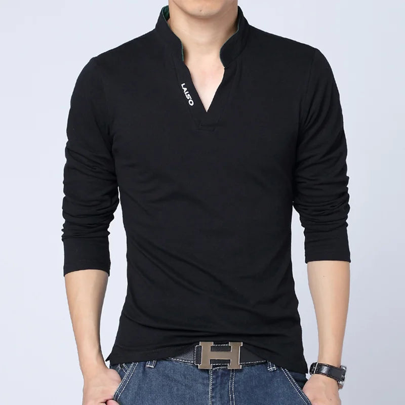 saferido T-Shirt Men Spring Cotton T Shirt Men Solid Color Tshirt Mandarin Collar Long Sleeve Top Men Brand Slim Fit Tee Shirts 5XL