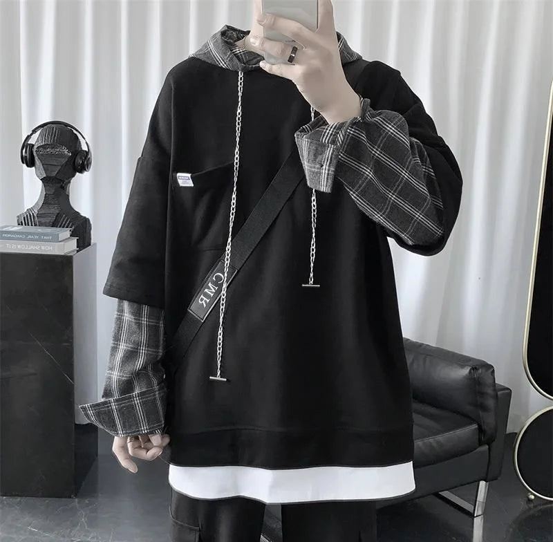 saferido Hooded sweater men's autumn Korean fashion versatile top loose fake two striped hip hop handsome coat