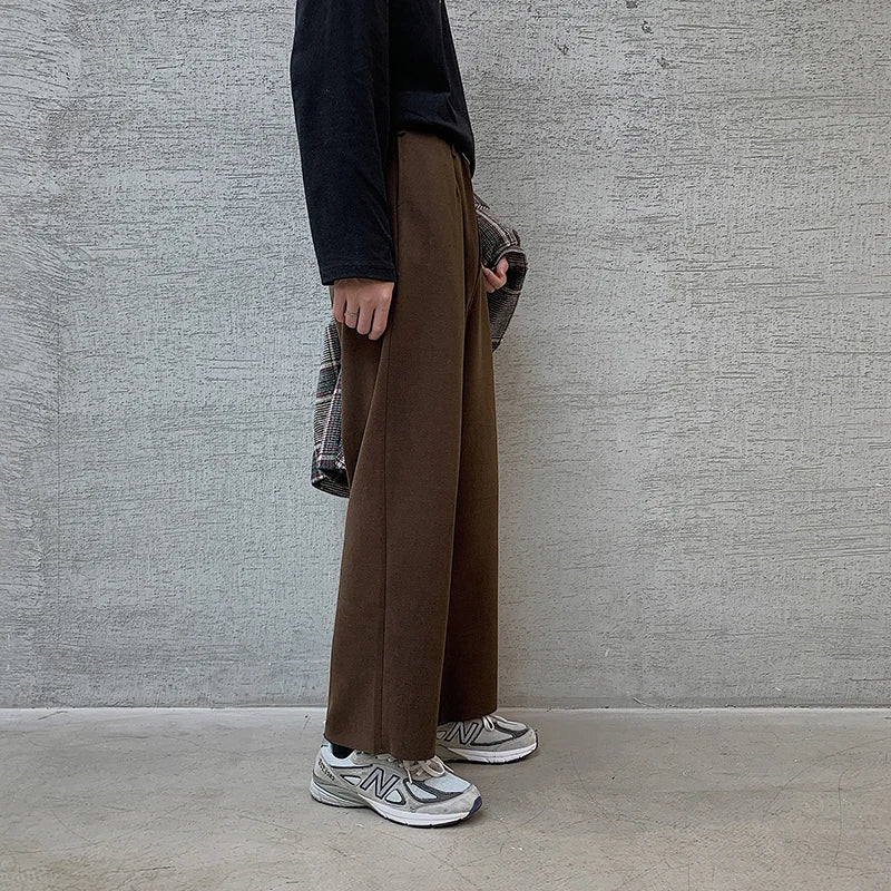 Winter Thick Woolen Pants Men's Warm Fashion Black Brown Casual Pants Men Korean Loose Straight-leg Pants Mens Trousers S-2XL