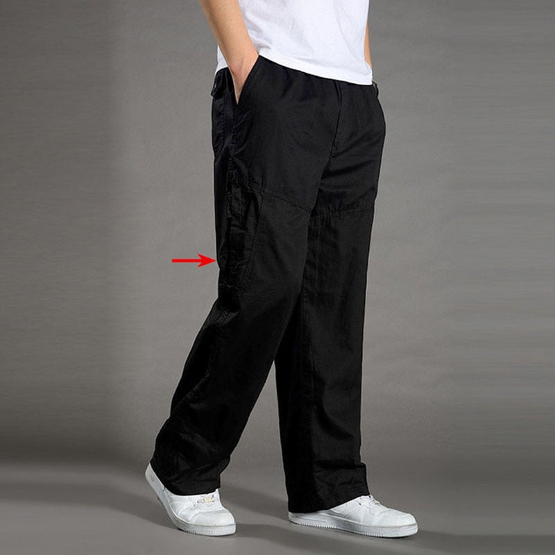 Men's Casual Trousers Cotton Overalls Elastic Waist Full Len Multi-Pocket Plus Fertilizer Men's Clothing Big Size Cargo Pants