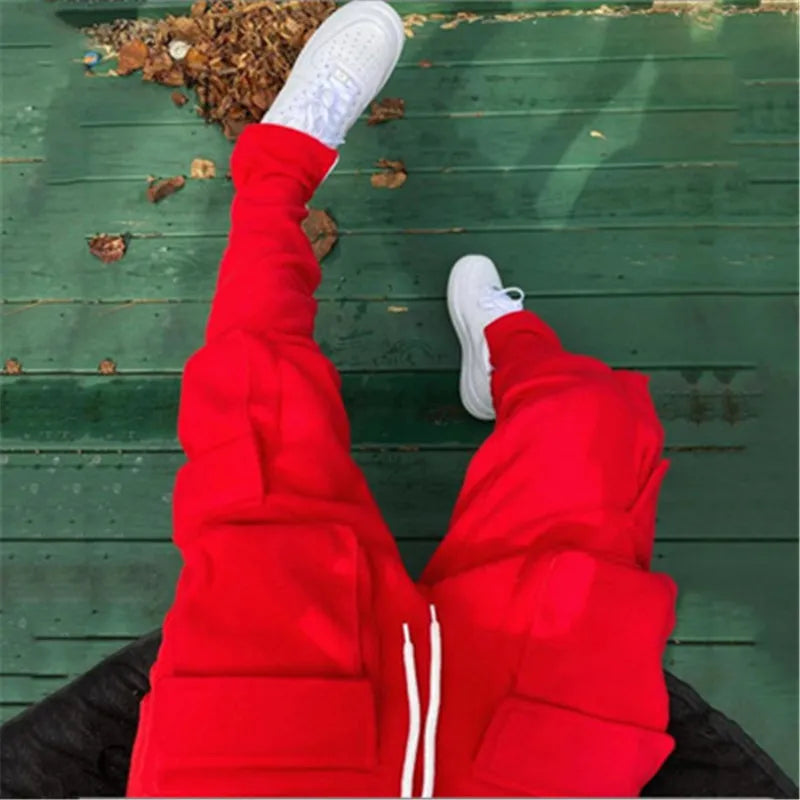 Men Oversized Cargo Pants Streetwear Long Step Pants Solid color wool three-dimensional Pockets Slim Panelled Warm trousers male
