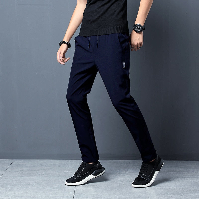 Men'S Korean Fashion Casual Summer Thin Quick Drying Ice Silk Straight Pants Loose Sports 9-Point Trousers Boy
