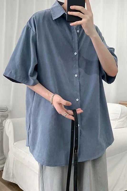 saferido Summer HIP HOP loose short sleeve shirt Korean solid color 5 / 5 sleeve shirt student fashionable and handsome inch coat shirts