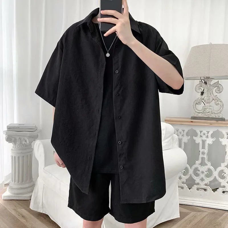 saferido Summer HIP HOP loose short sleeve shirt Korean solid color 5 / 5 sleeve shirt student fashionable and handsome inch coat shirts
