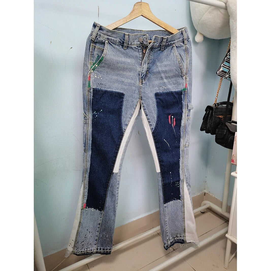 Distressed Splash Ink Flare Jeans Urban Streetwear Patch Mens Graffiti Wide Jean Hip Hop Washed Blue Slim Fit Denim Pants Men